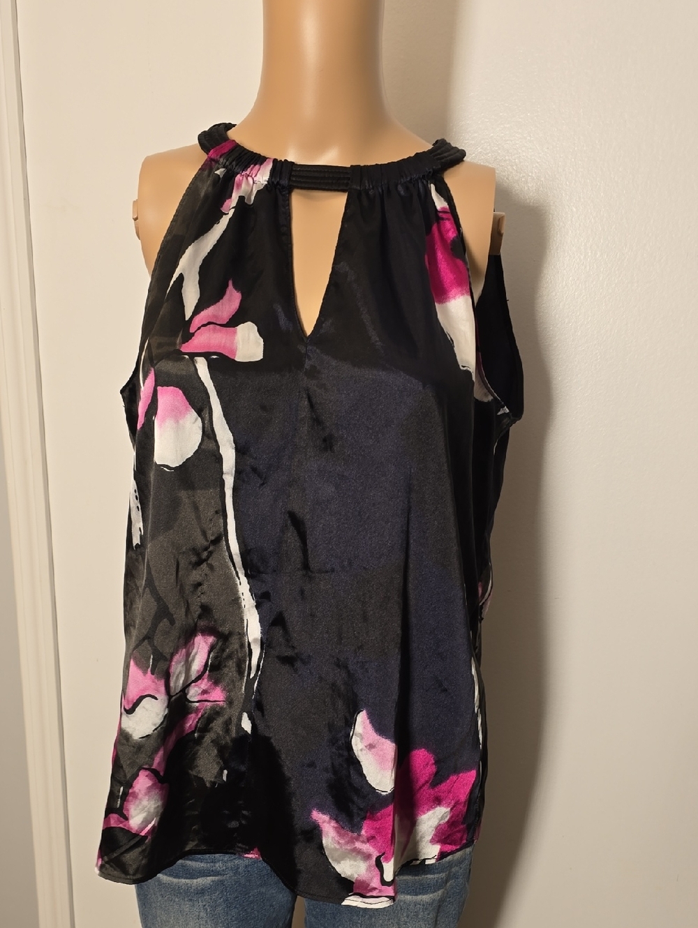Black Satin Halter Top with Pink & White Floral Print - Medium